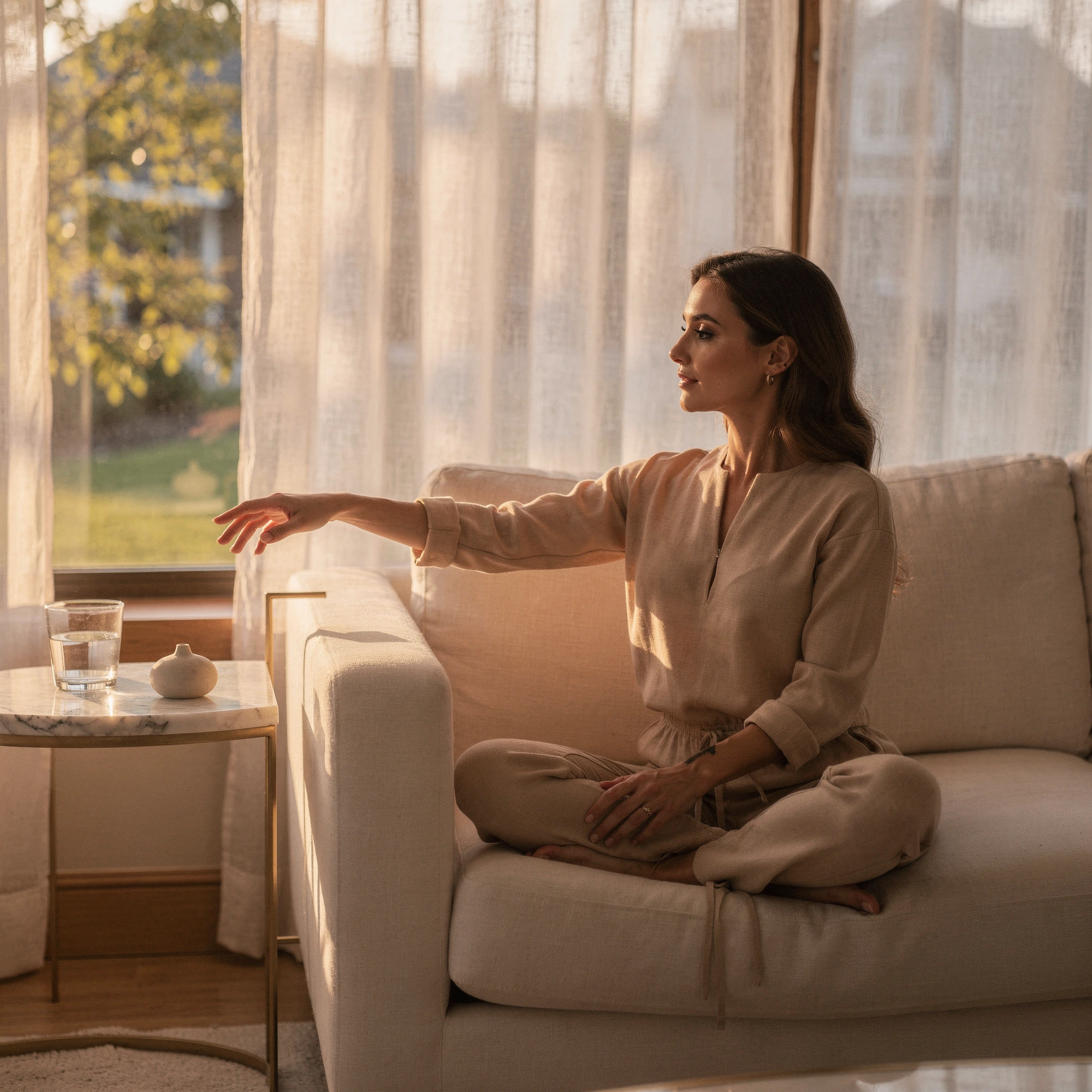 Woman sitting on a couch by a window, looking thoughtful in a bright, modern living room